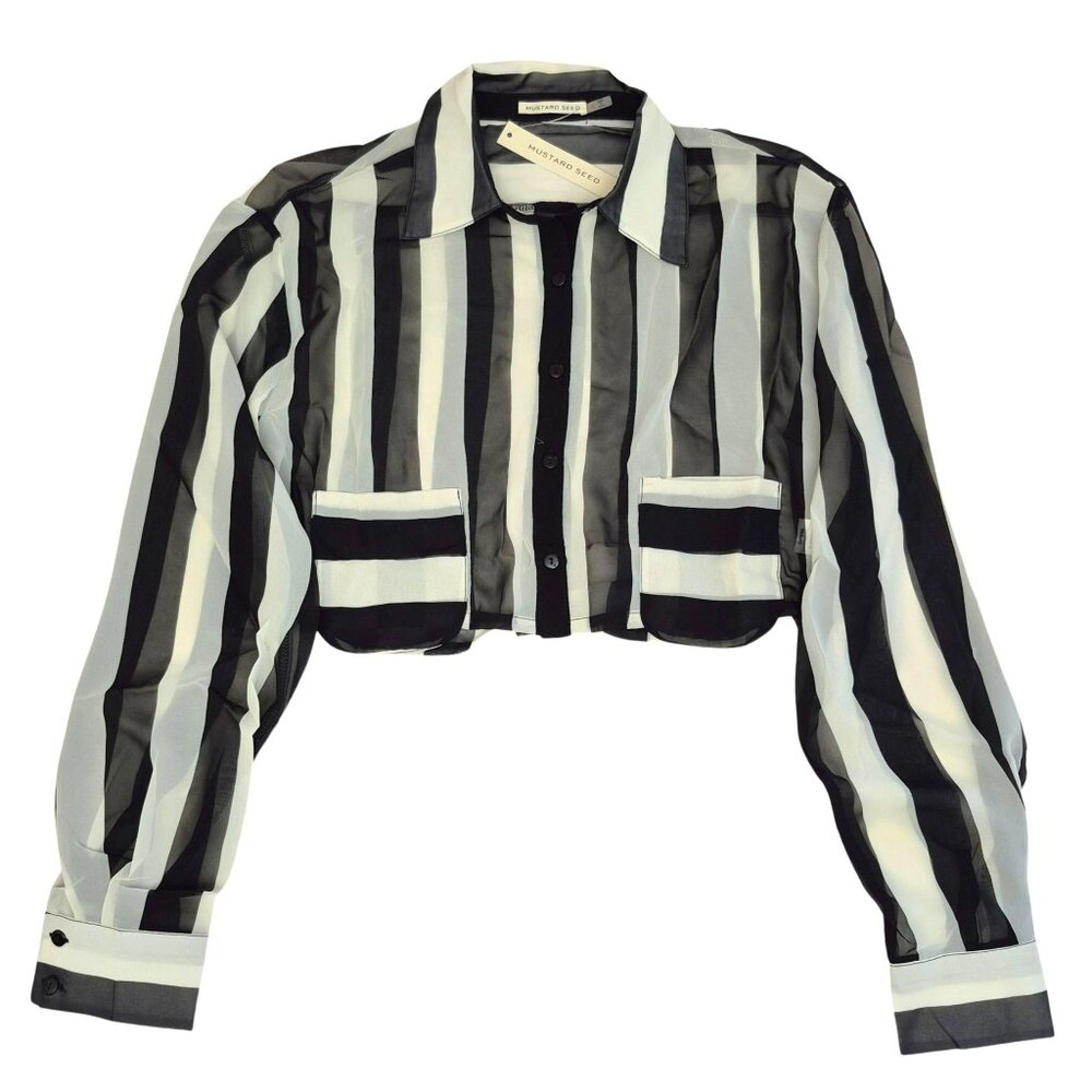 Mustard Seed Striped Crop Top Sheer Button Front Long Sleeve Size M Black/White